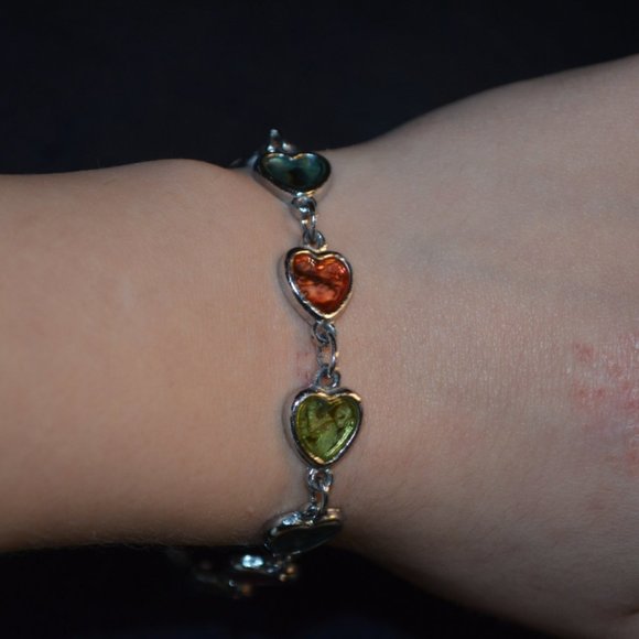 Bracelet Metal Heart Shapes Chained Abalone Sea Shells Multi-Colors Enamel Clasp - Picture 2 of 6